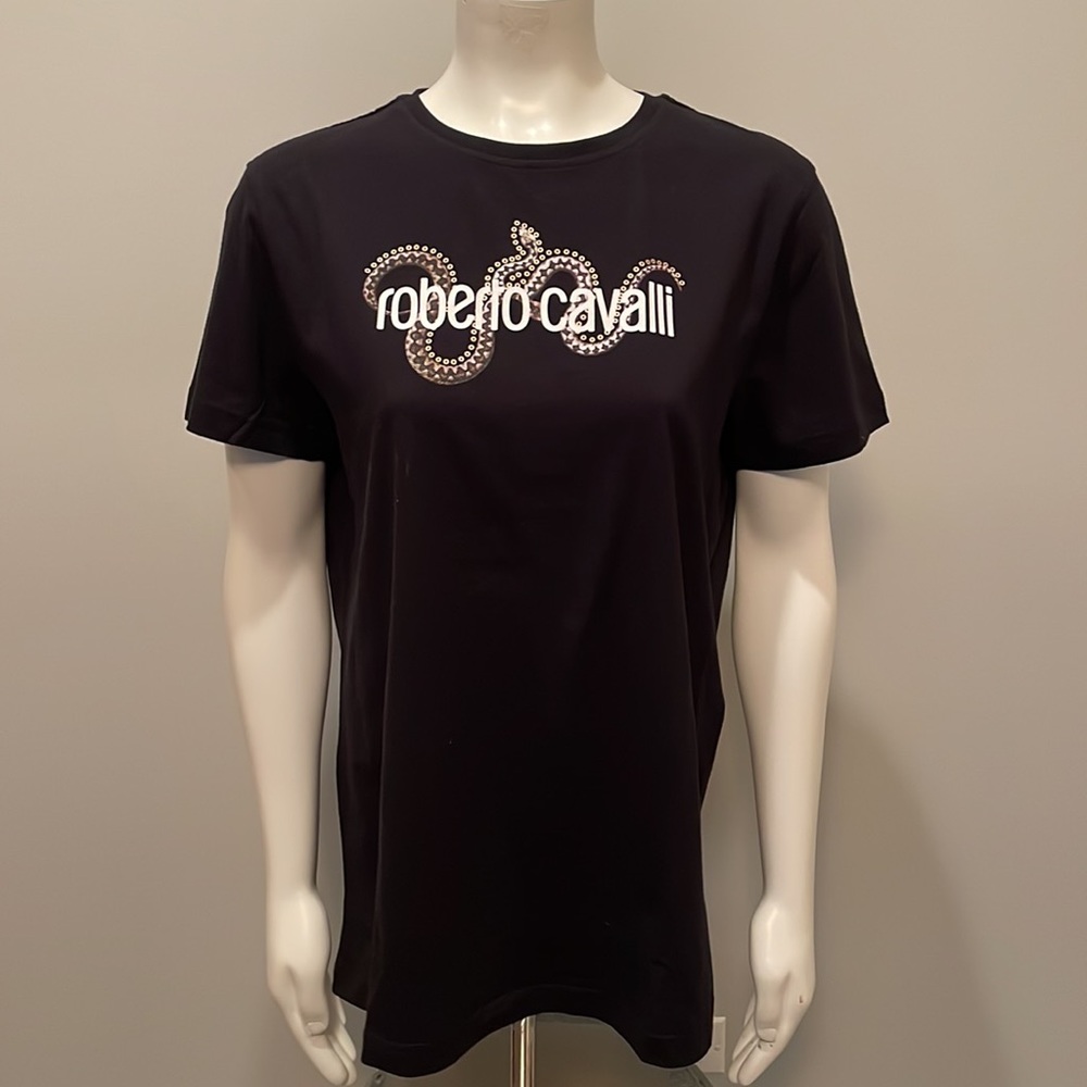 Roberto Cavalli Black Crew Neck Graphic 100% Cotton T-Shirt Size L HST606